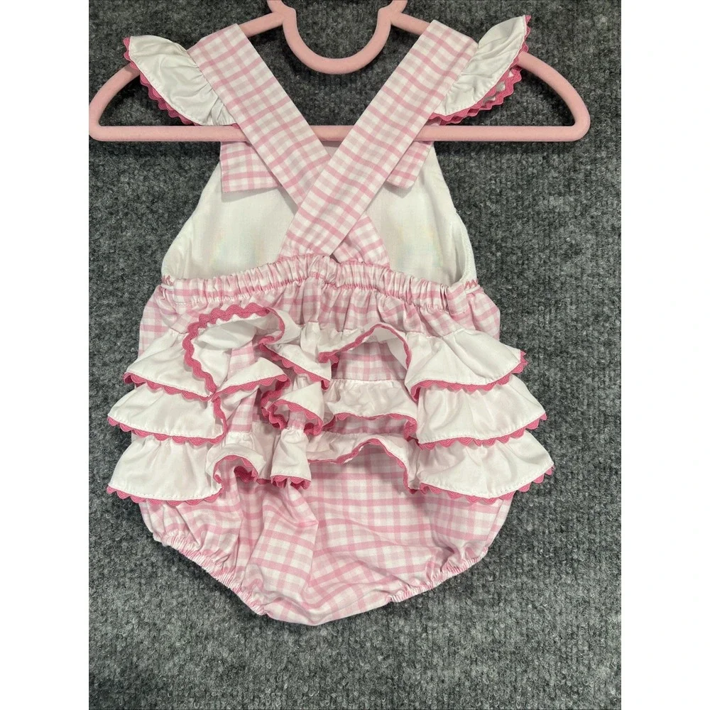 Classic Whimsy Pink Gingham Smocked Rainbow Bubble Romper - Size 6M